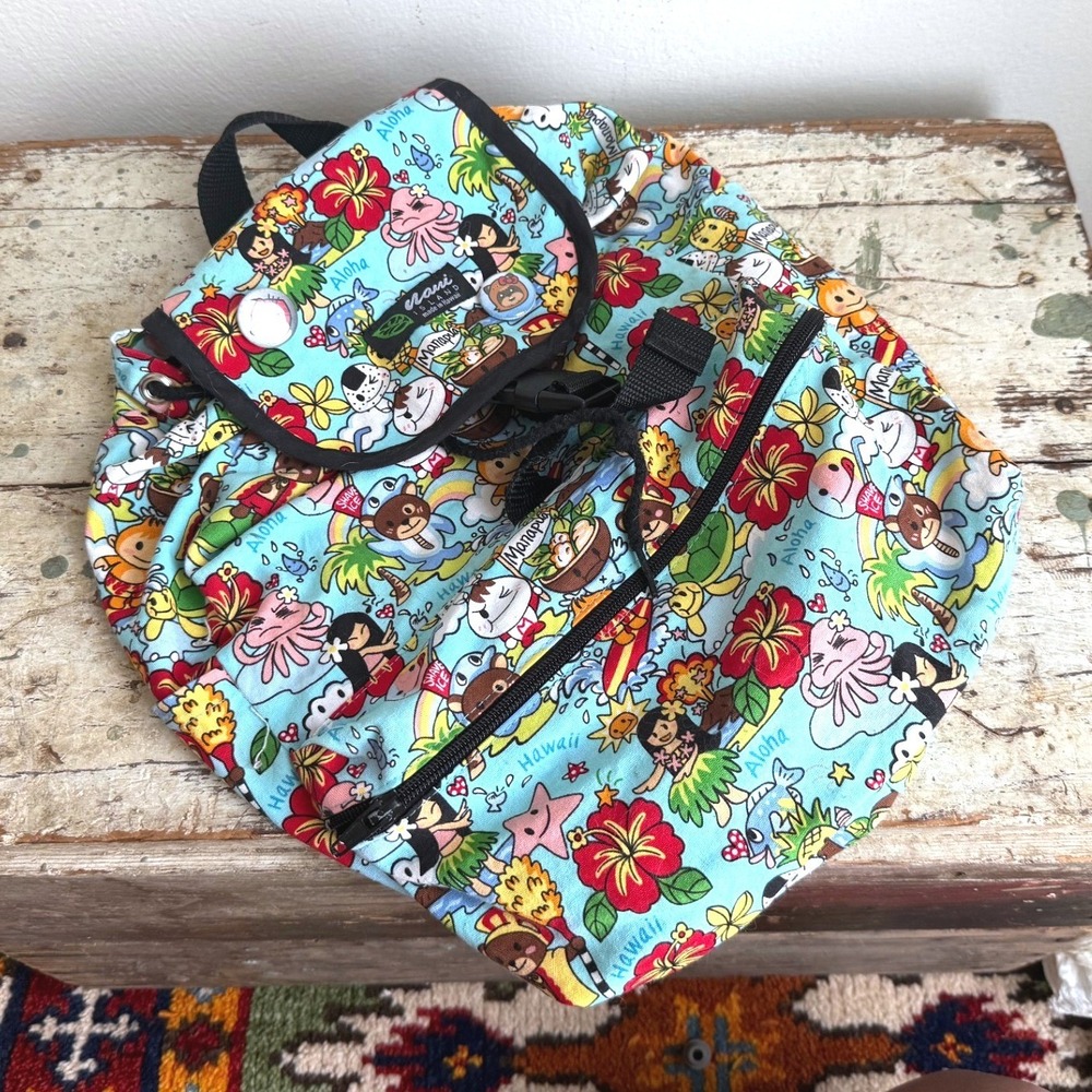 Vintage Hawaii Kids Backpack Aloha Hula Manapua Blue Canvas Bag